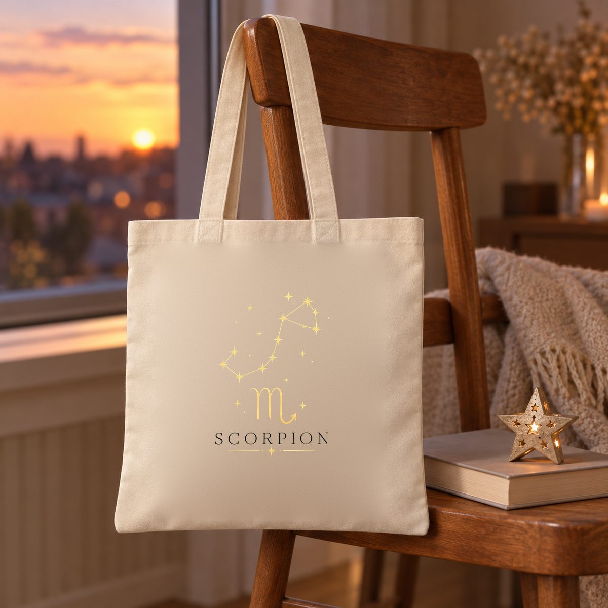 Tote bag signe astrologique « SCORPION » Essentiel suspendu à une chaise près d'une fenêtre au coucher du soleil