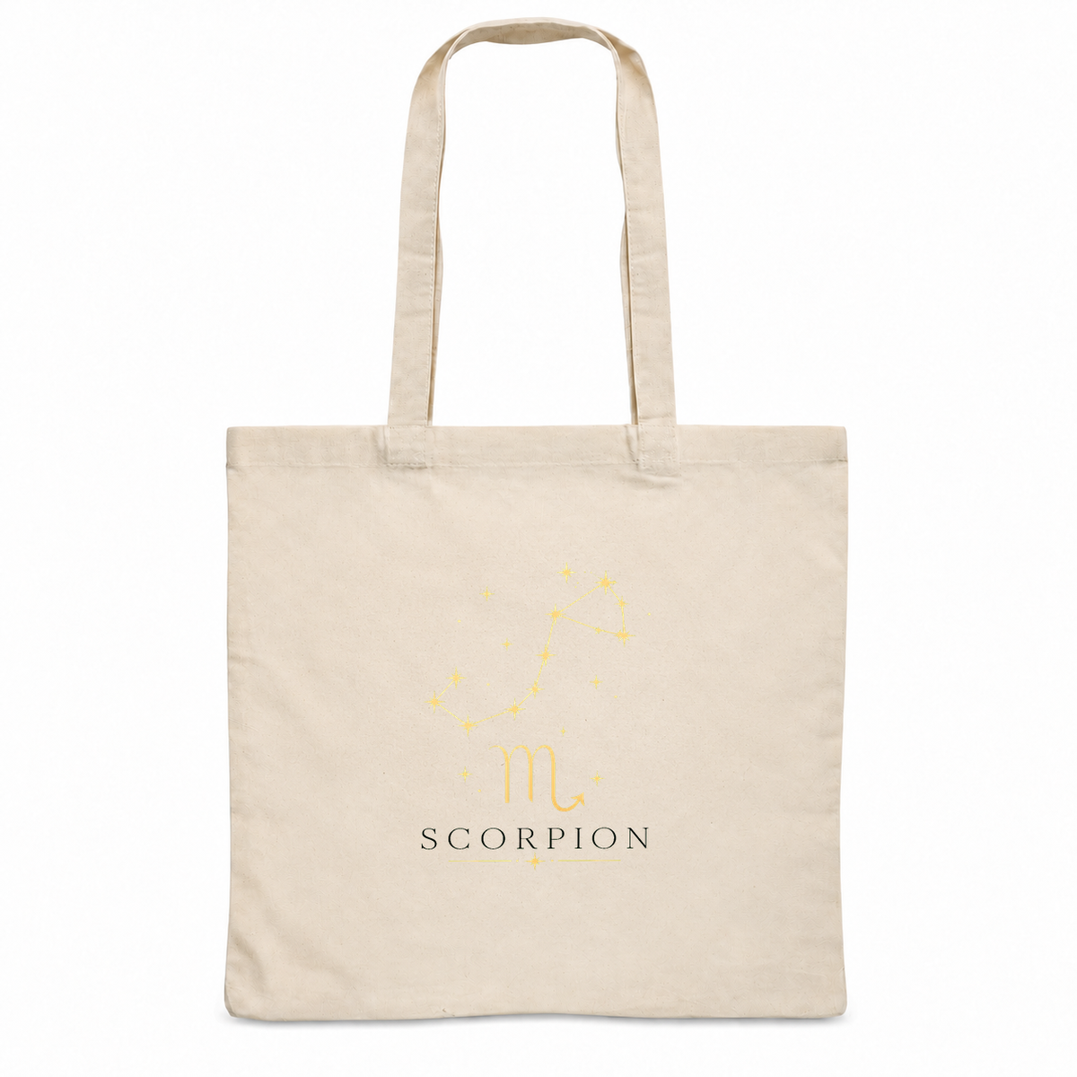 Tote bag signe astrologique « SCORPION » Essentiel, sac plat en coton naturel 140 g/m² de 38 × 42 cm, illustration céleste au trait doré de la constellation et du symbole du Scorpion