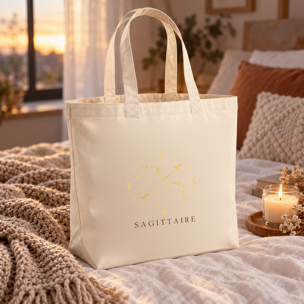 Tote bag signe astrologique « SAGITTAIRE » Premium posé sur un lit, à côté d'un plaid et d'une bougie