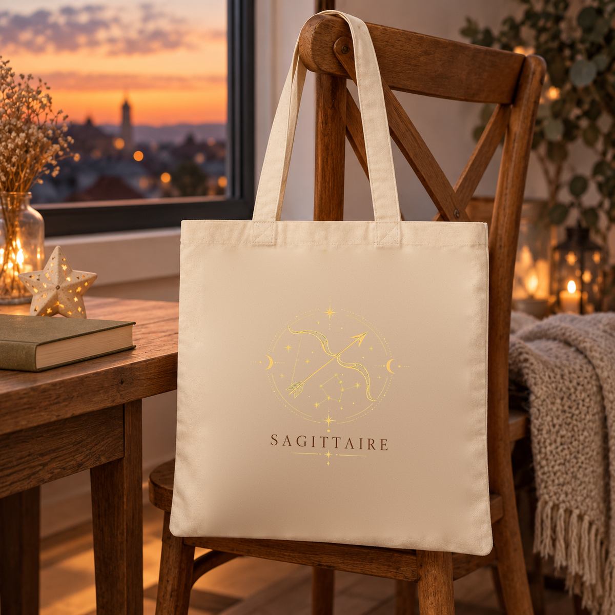 Tote bag signe astrologique « SAGITTAIRE » Essentiel suspendu à une chaise près d'une fenêtre au coucher du soleil