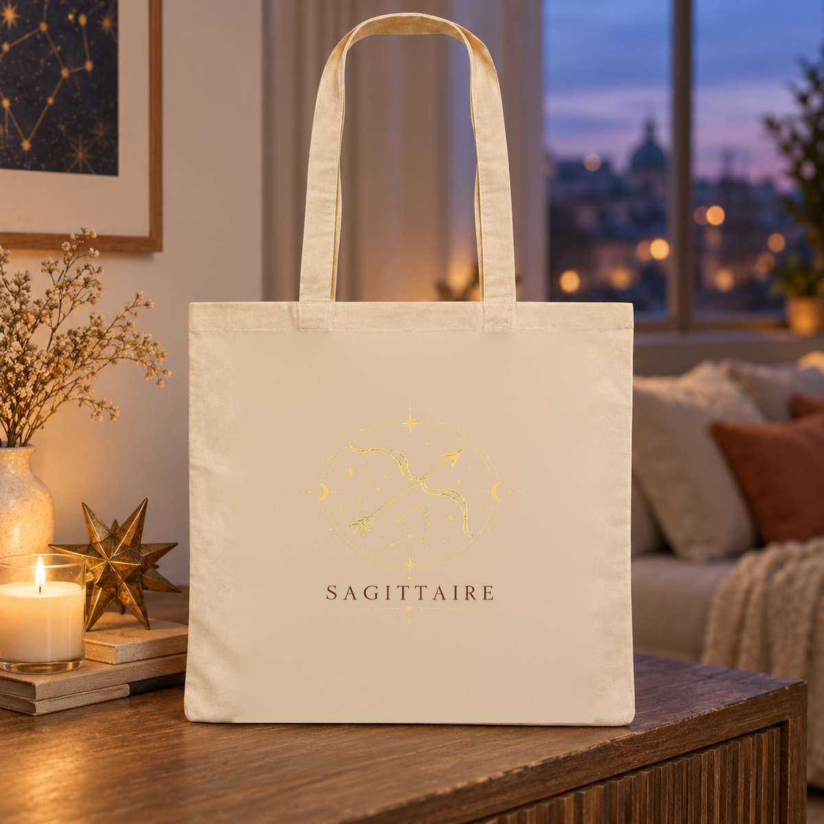 Tote bag signe astrologique « SAGITTAIRE » Essentiel posé sur une table près d'une fenêtre, à côté de bougies, à la tombée de la nuit