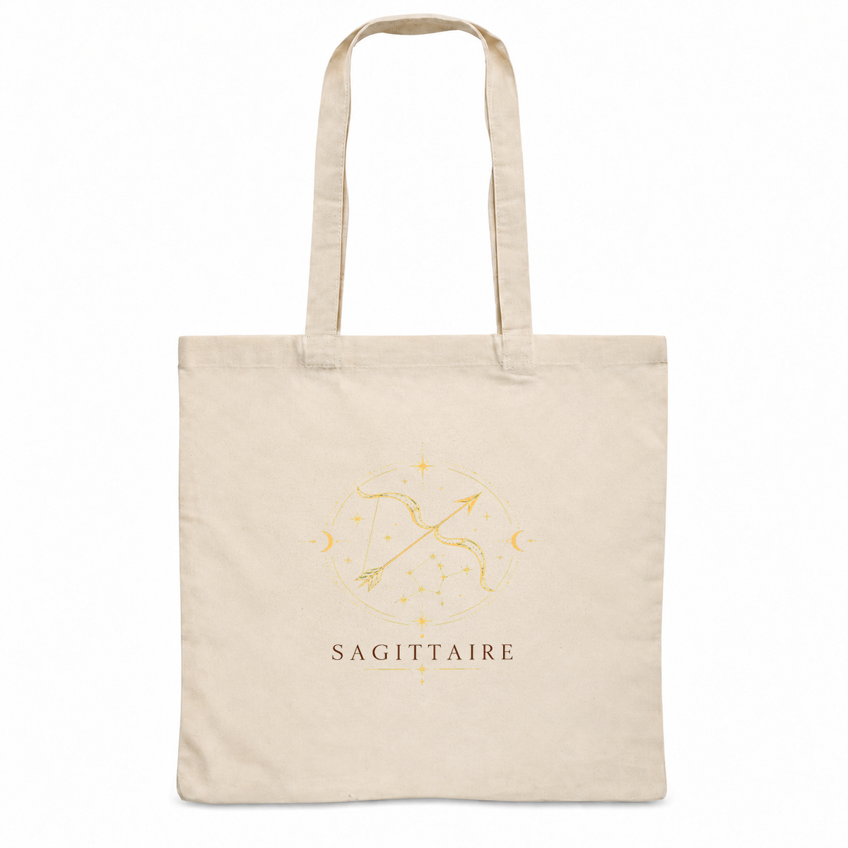 Tote bag signe astrologique « SAGITTAIRE » Essentiel, sac plat en coton naturel 140 g/m² de 38 × 42 cm, illustration céleste au trait doré d'un arc et d'une flèche sur la constellation du Sagittaire