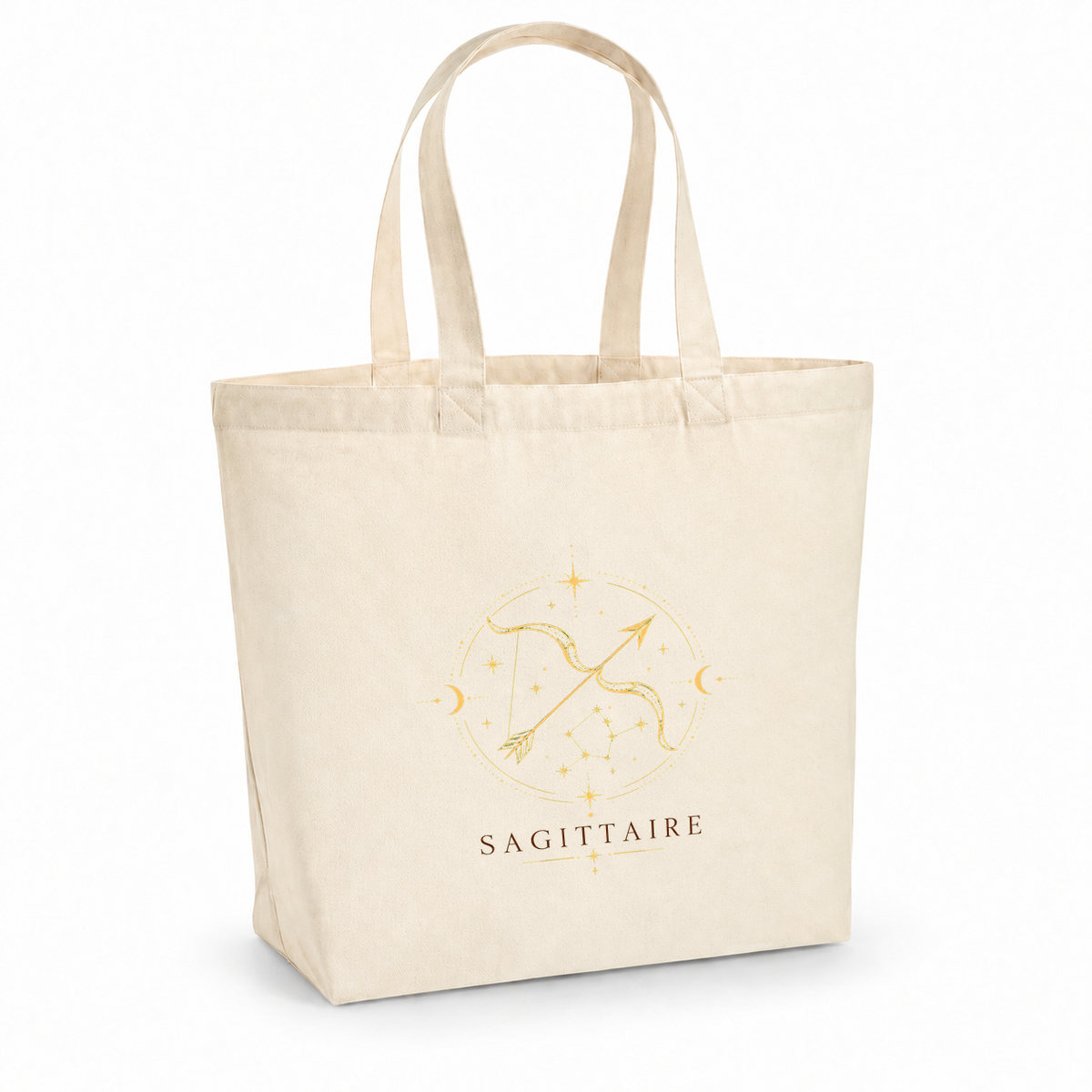 Tote bag signe astrologique « SAGITTAIRE » Premium, cabas à soufflet en coton naturel 200 g/m² de 18 litres, illustration céleste au trait doré d'un arc et d'une flèche sur la constellation du Sagittaire