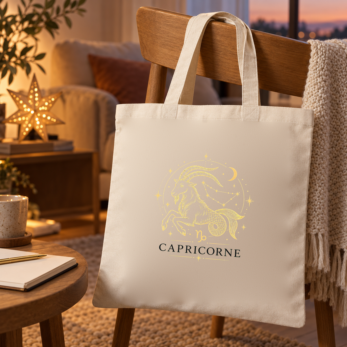 Tote bag signe astrologique « CAPRICORNE » Essentiel suspendu à une chaise en bois, à côté d'une étoile lumineuse et d'un plaid