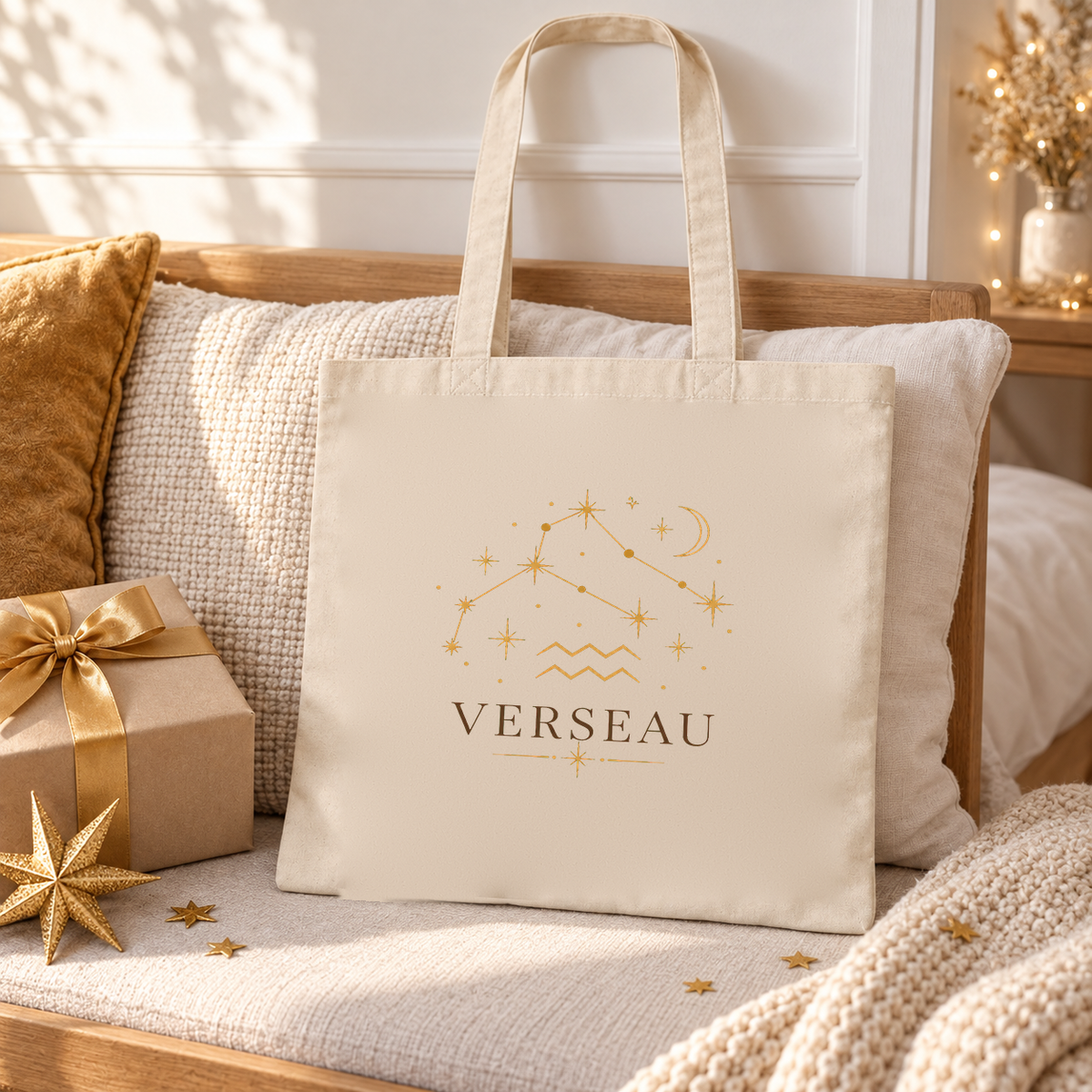 Tote bag signe astrologique « VERSEAU » Essentiel posé sur une banquette, à côté de coussins et d'un cadeau doré