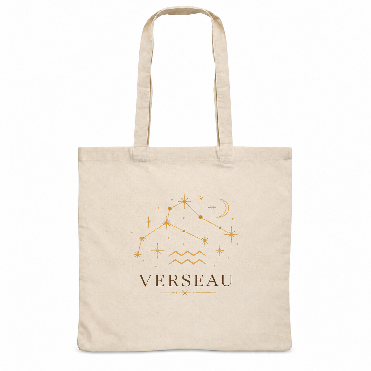 Tote bag signe astrologique « VERSEAU » Essentiel, sac plat en coton naturel 140 g/m² de 38 × 42 cm, illustration céleste au trait doré de la constellation et du symbole du Verseau