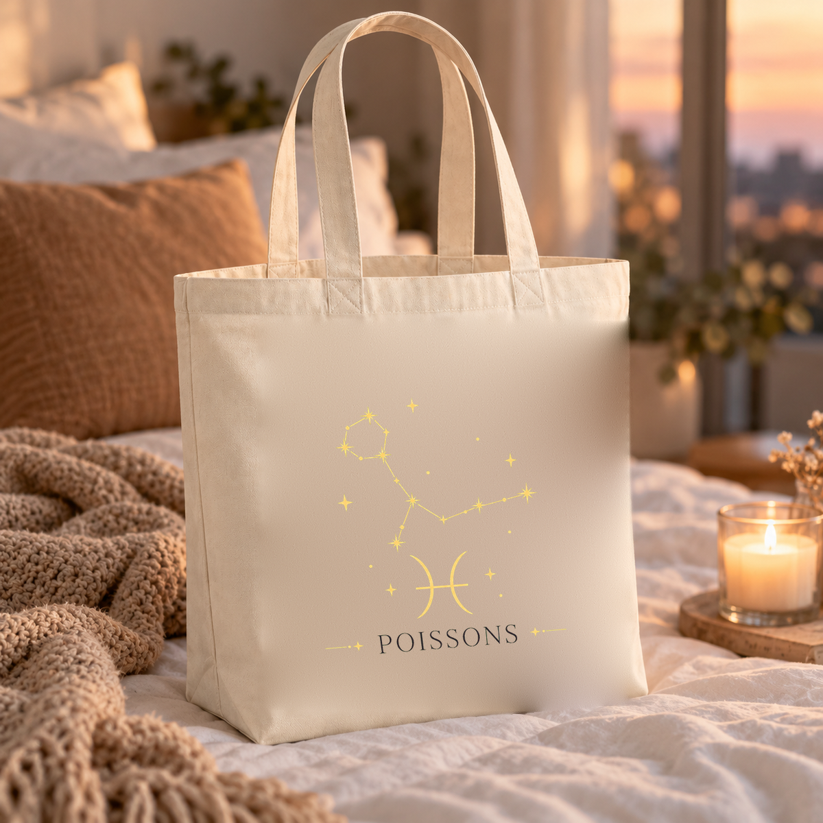 Tote bag signe astrologique « POISSONS » Premium posé sur un lit, à côté d'un plaid et d'une bougie