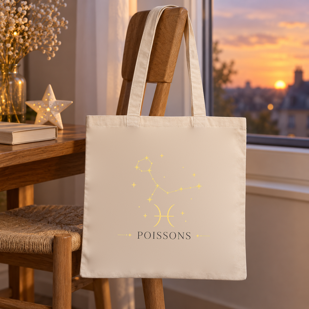 Tote bag signe astrologique « POISSONS » Essentiel suspendu à une chaise près d'une fenêtre ouverte sur la ville au crépuscule