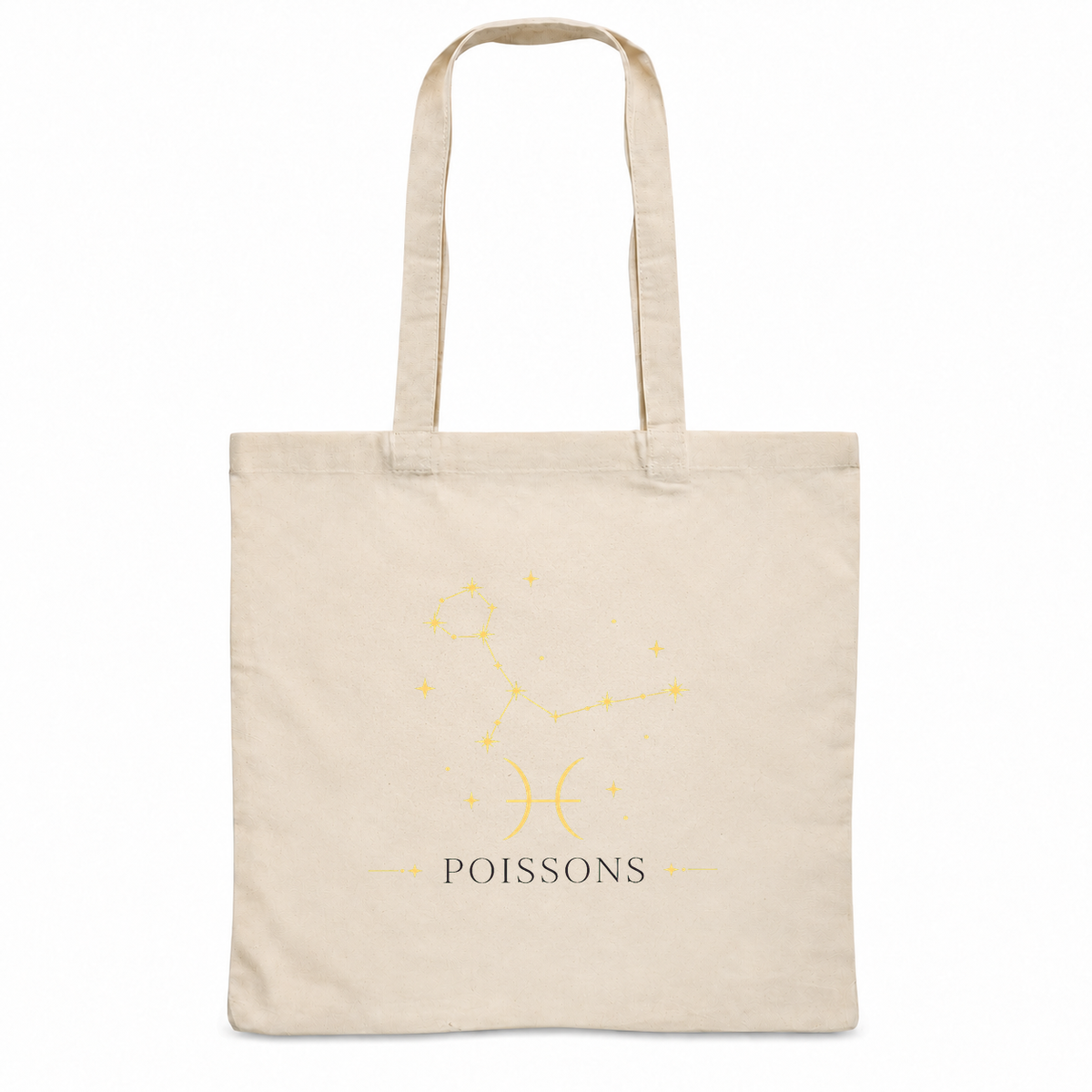 Tote bag signe astrologique « POISSONS » Essentiel, sac plat en coton naturel 140 g/m² de 38 × 42 cm, illustration céleste au trait doré de la constellation et du symbole des Poissons