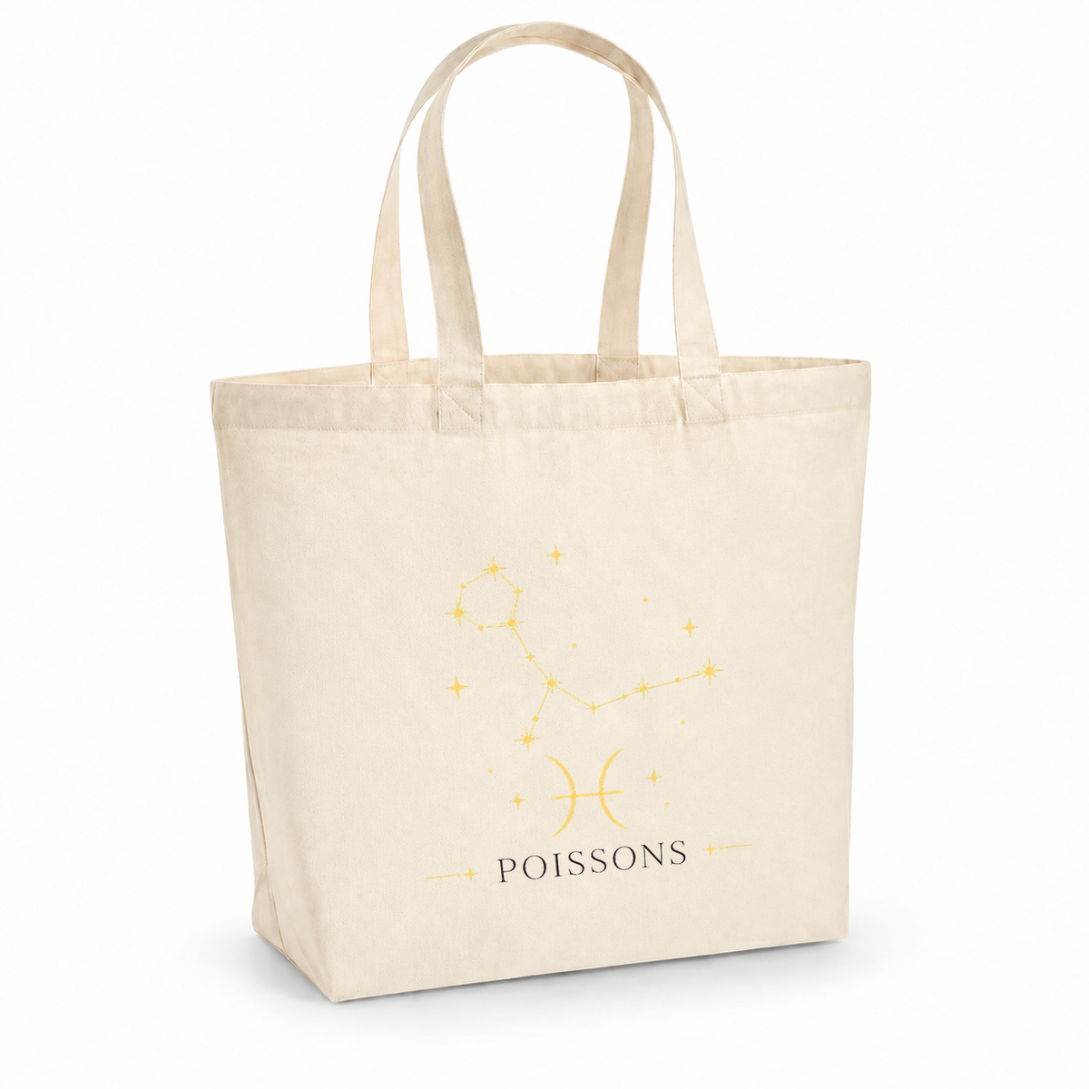 Tote bag signe astrologique « POISSONS » Premium, cabas à soufflet en coton naturel 200 g/m² de 18 litres, illustration céleste au trait doré de la constellation et du symbole des Poissons