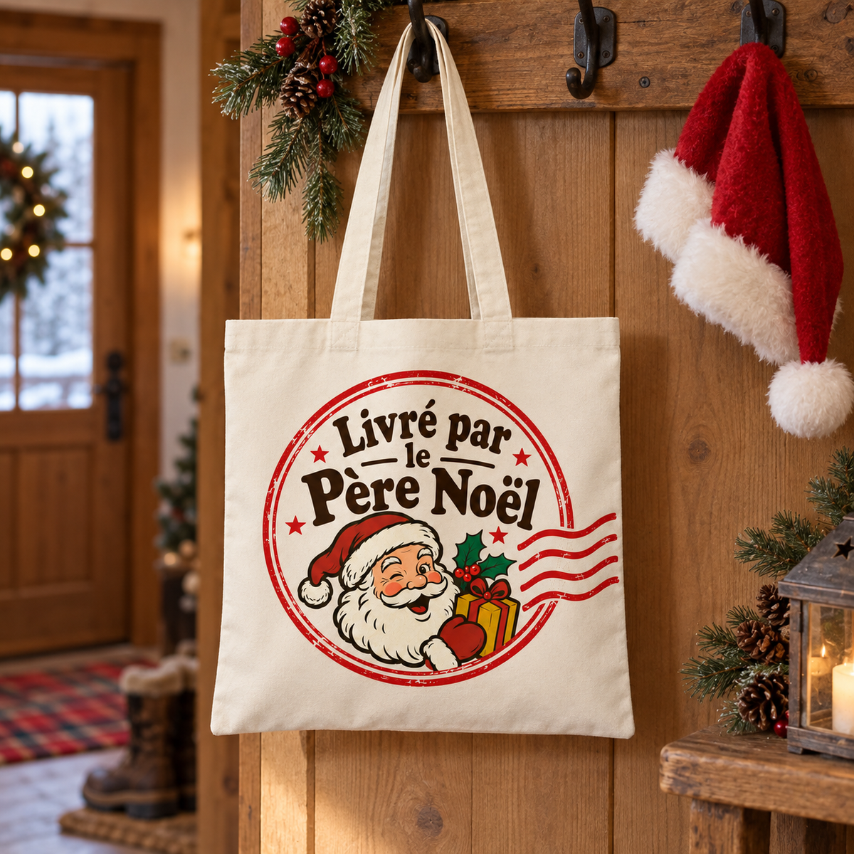 Tote bag Noël « Livré par le Père Noël » Essentiel suspendu par ses anses dans un intérieur décoré pour les fêtes