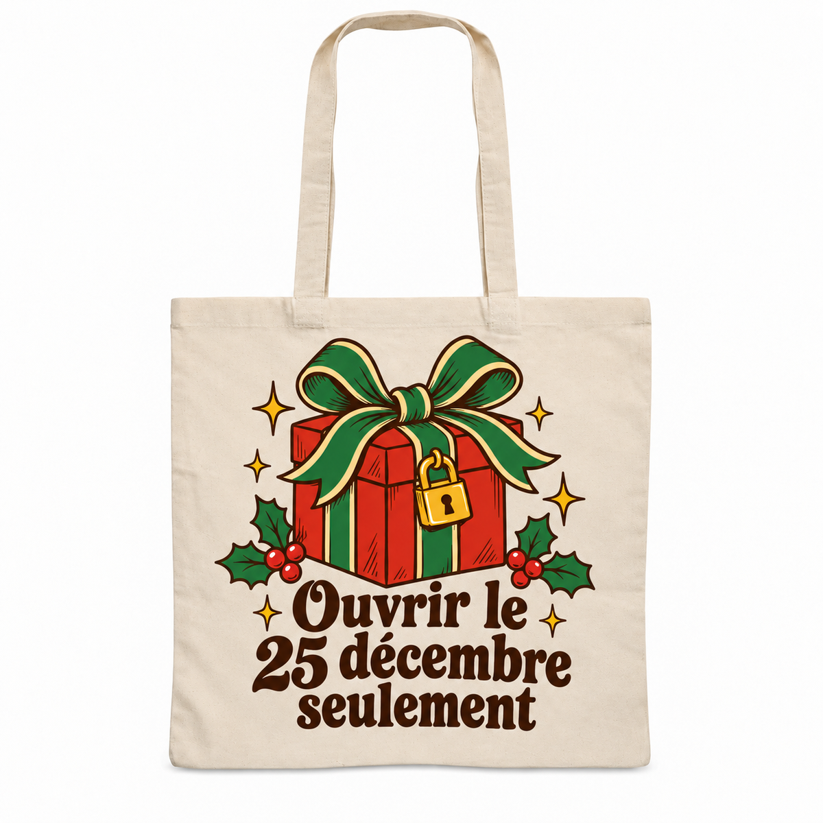 Tote bag Noël « Ouvrir le 25 décembre seulement » Essentiel, sac plat en coton naturel 140 g/m² de 38 × 42 cm, illustration rétro un grand paquet cadeau rétro rouge et vert, noué d'un beau ruban et fermé par un petit cadenas doré