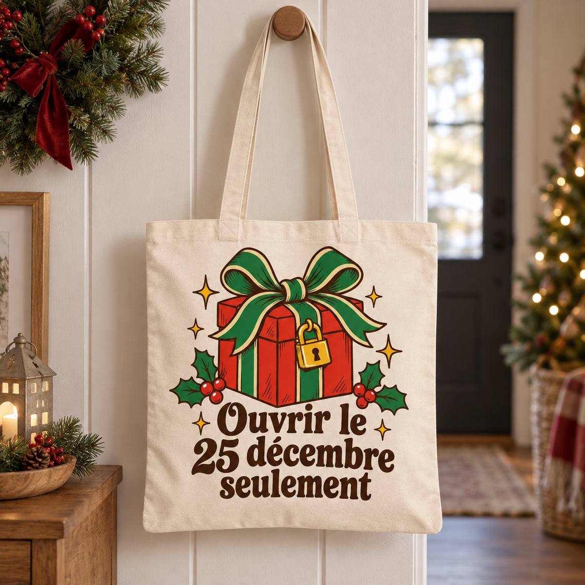 Tote bag Noël « Ouvrir le 25 décembre seulement » Essentiel suspendu par ses anses dans un intérieur décoré pour les fêtes