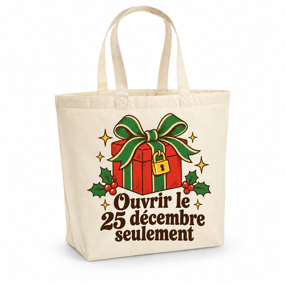 Tote bag Noël « Ouvrir le 25 décembre seulement » Premium, cabas à soufflet en coton naturel 200 g/m² de 18 litres, illustration rétro un grand paquet cadeau rétro rouge et vert, noué d'un beau ruban et fermé par un petit cadenas doré