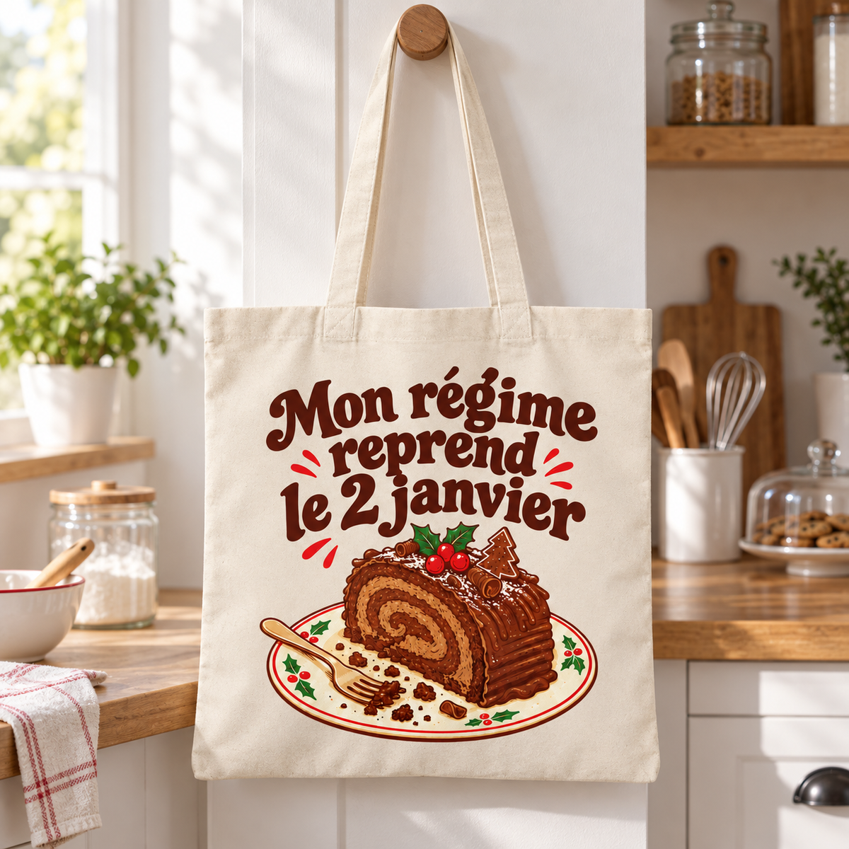 Tote bag Noël « Mon régime reprend le 2 janvier » Essentiel suspendu par ses anses dans un intérieur décoré pour les fêtes