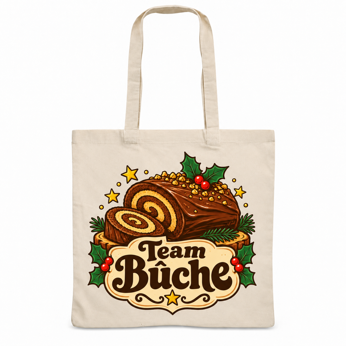Tote bag Noël « Team Bûche » Essentiel, sac plat en coton naturel 140 g/m² de 38 × 42 cm, illustration rétro une magnifique bûche de Noël au chocolat, coupée pour montrer sa spirale, entre houx et étoiles, sur un blason rétro