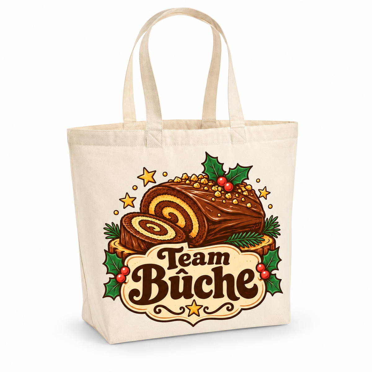 Tote bag Noël « Team Bûche » Premium, cabas à soufflet en coton naturel 200 g/m² de 18 litres, illustration rétro une magnifique bûche de Noël au chocolat, coupée pour montrer sa spirale, entre houx et étoiles, sur un blason rétro