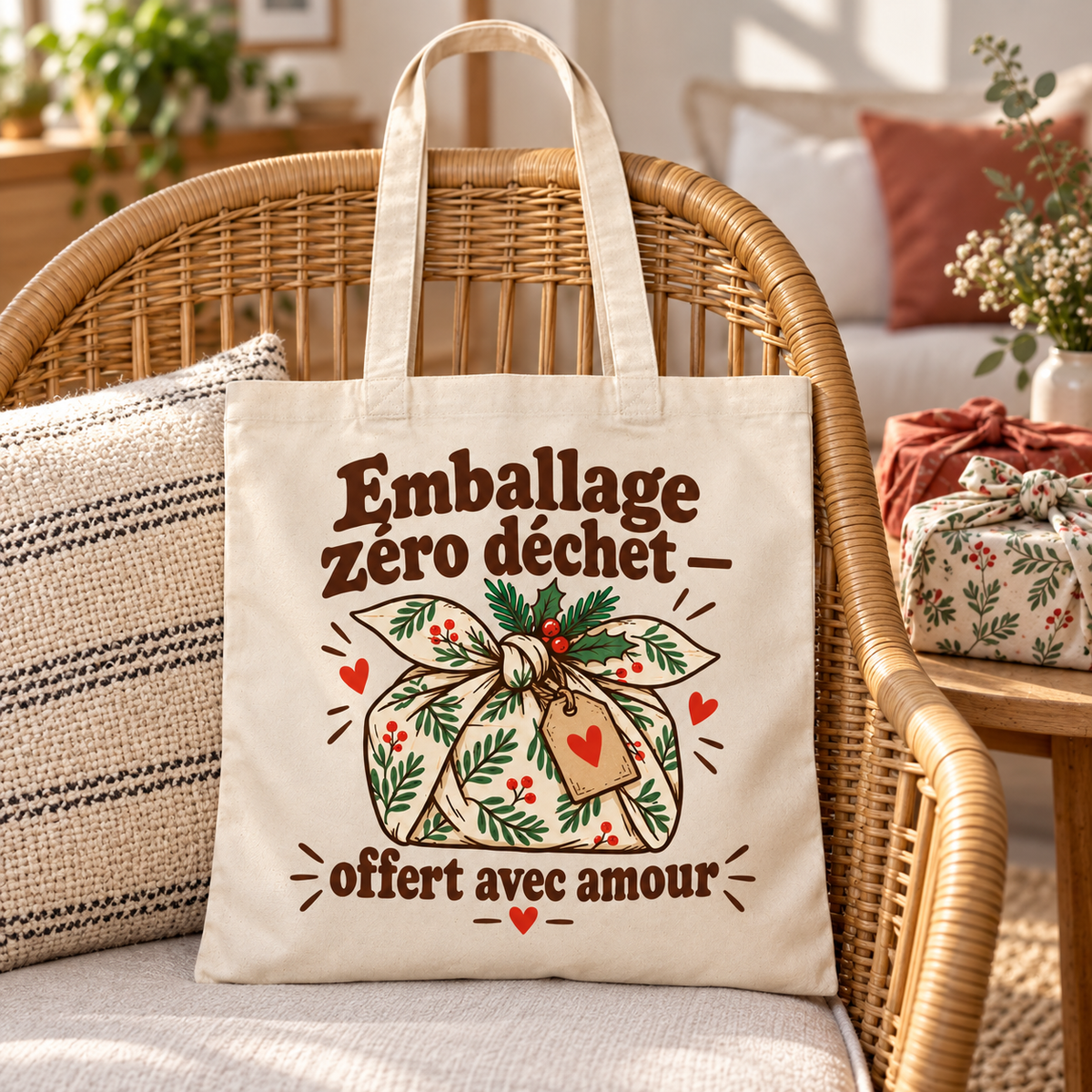Tote bag Noël « Emballage zéro déchet — offert avec amour » Essentiel posé contre le dossier d'une chaise, décor de Noël en arrière-plan