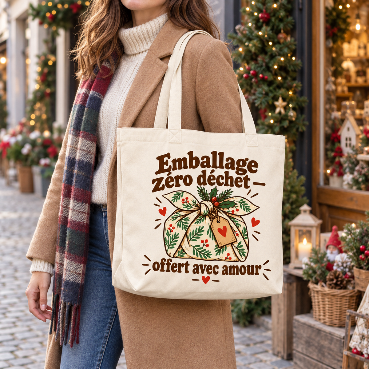 Tote bag Noël « Emballage zéro déchet — offert avec amour » Premium porté à l'épaule dans une ambiance de Noël