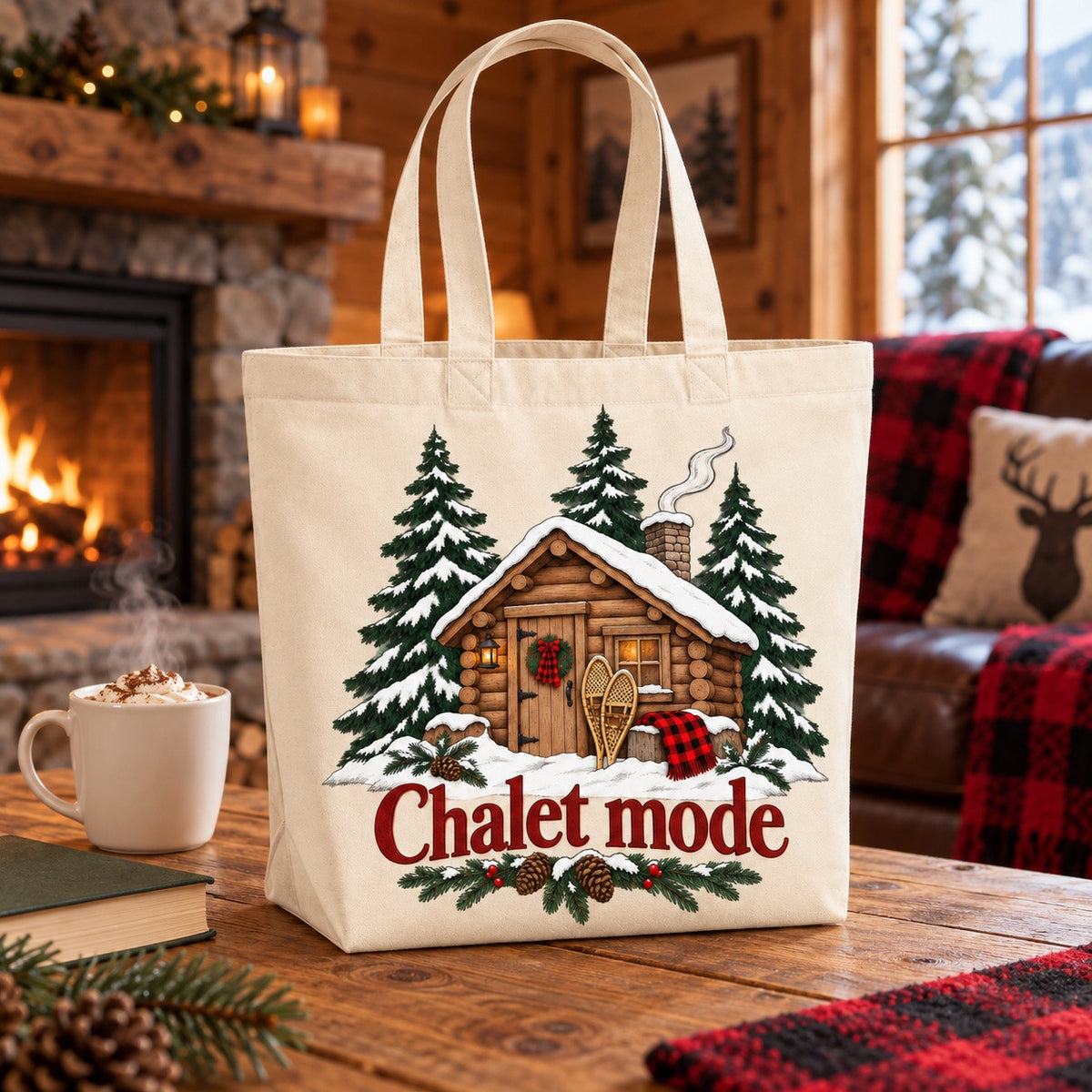 Tote bag « Chalet mode » Premium posé sur une table en bois