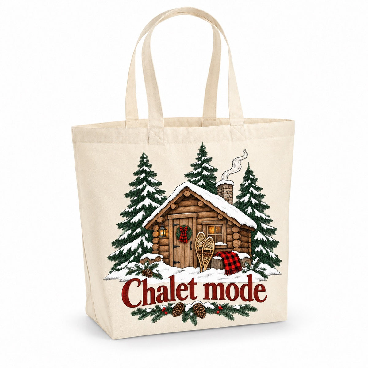 Tote bag « Chalet mode » Premium, cabas à soufflet en coton naturel 200 g/m² de 18 litres, illustration à l'encre : une cabane en rondins enneigée, trois sapins élancés et une paire de raquettes traditionnelles appuyées contre la porte