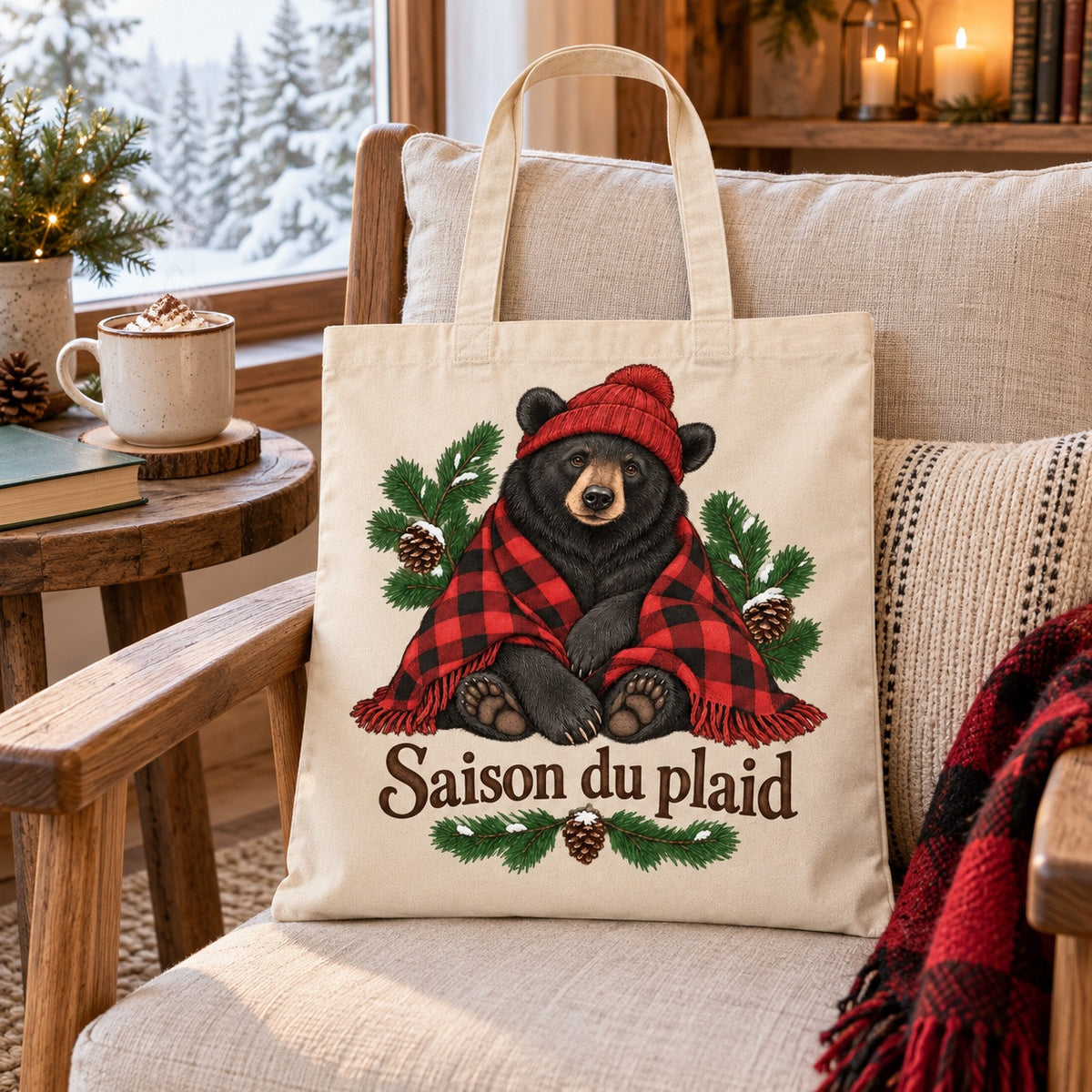Tote bag « Saison du plaid » Essentiel sur un fauteuil avec plaid et livre