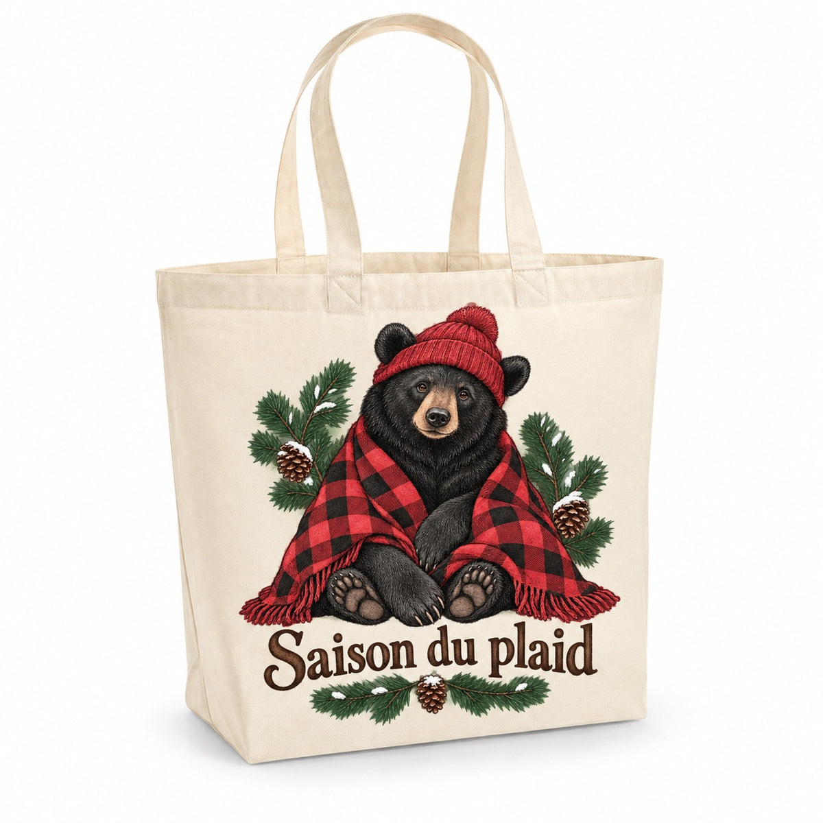 Tote bag « Saison du plaid » Premium, cabas à soufflet en coton naturel 200 g/m² de 18 litres, illustration à l'encre : un adorable ours noir assis, coiffé d'une tuque côtelée rouge et enveloppé dans un plaid à grands carreaux bûcheron rouge et noir