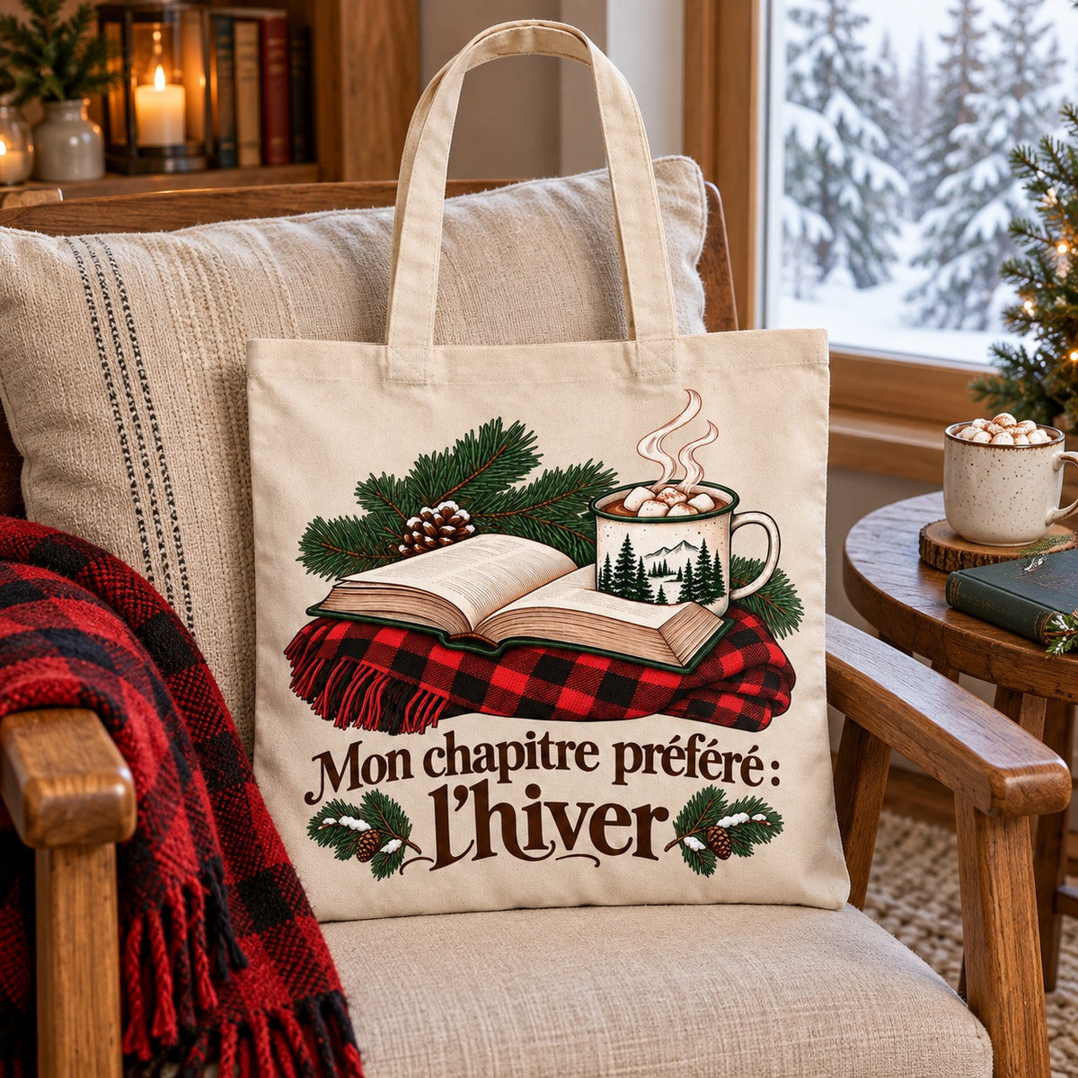 Tote bag « Mon chapitre préféré : l'hiver » Essentiel sur un fauteuil avec plaid et livre