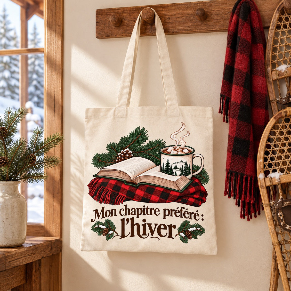 Tote bag « Mon chapitre préféré : l'hiver » Essentiel suspendu près d'une paire de raquettes