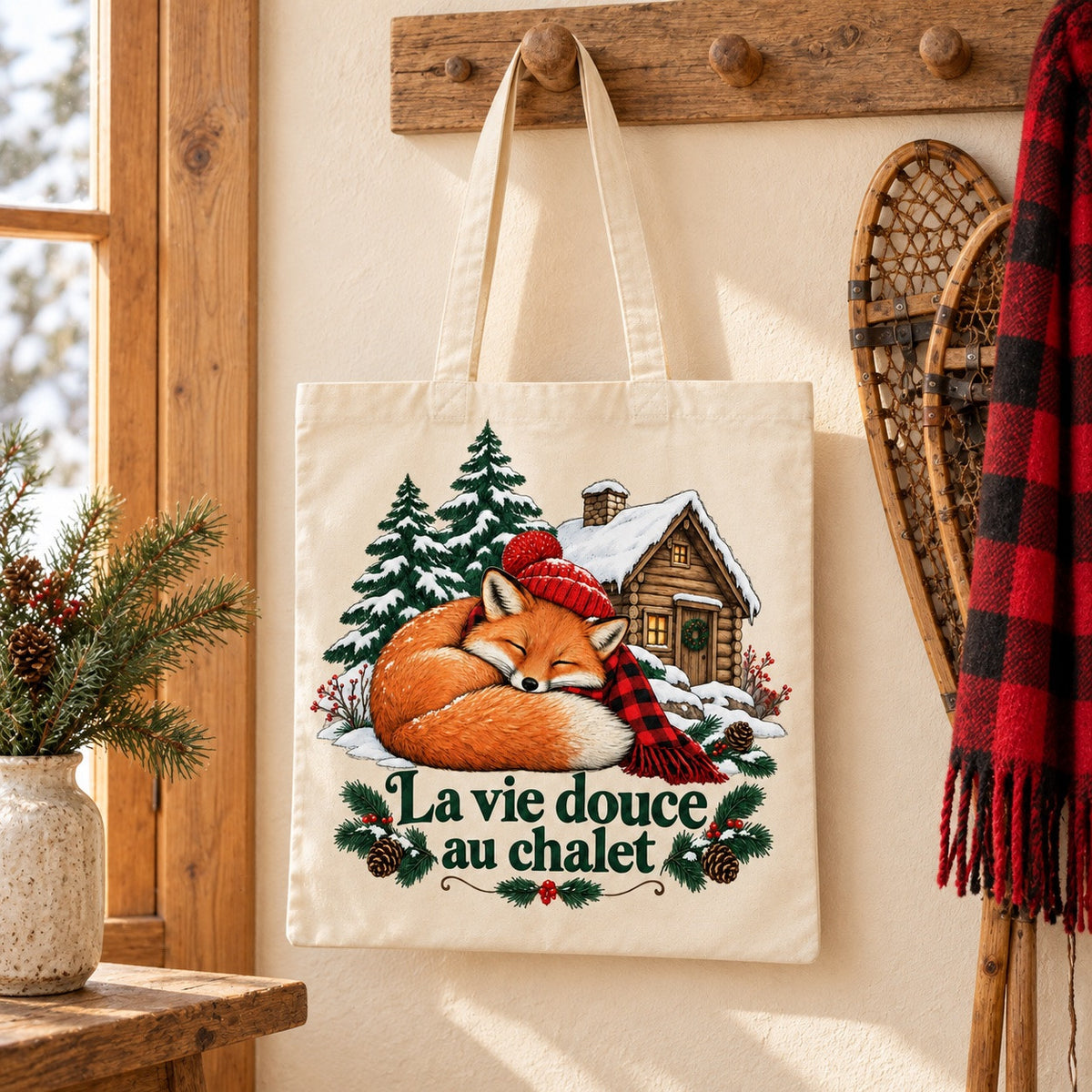 Tote bag « La vie douce au chalet » Essentiel suspendu près d'une paire de raquettes