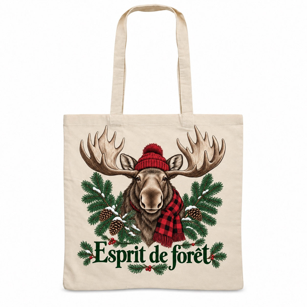 Tote bag « Esprit de forêt » Essentiel, sac plat en coton naturel 140 g/m² de 38 × 42 cm, illustration à l'encre : un orignal majestueux et doux, vu de face, grandes ramures, tuque rouge entre les bois et petite écharpe à carreaux rouge et noir