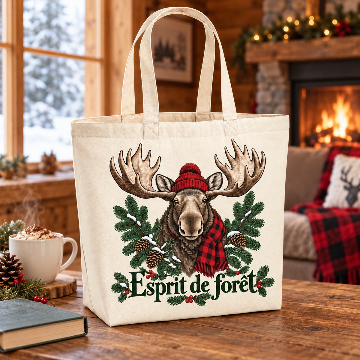 Tote bag « Esprit de forêt » Premium posé sur une table en bois