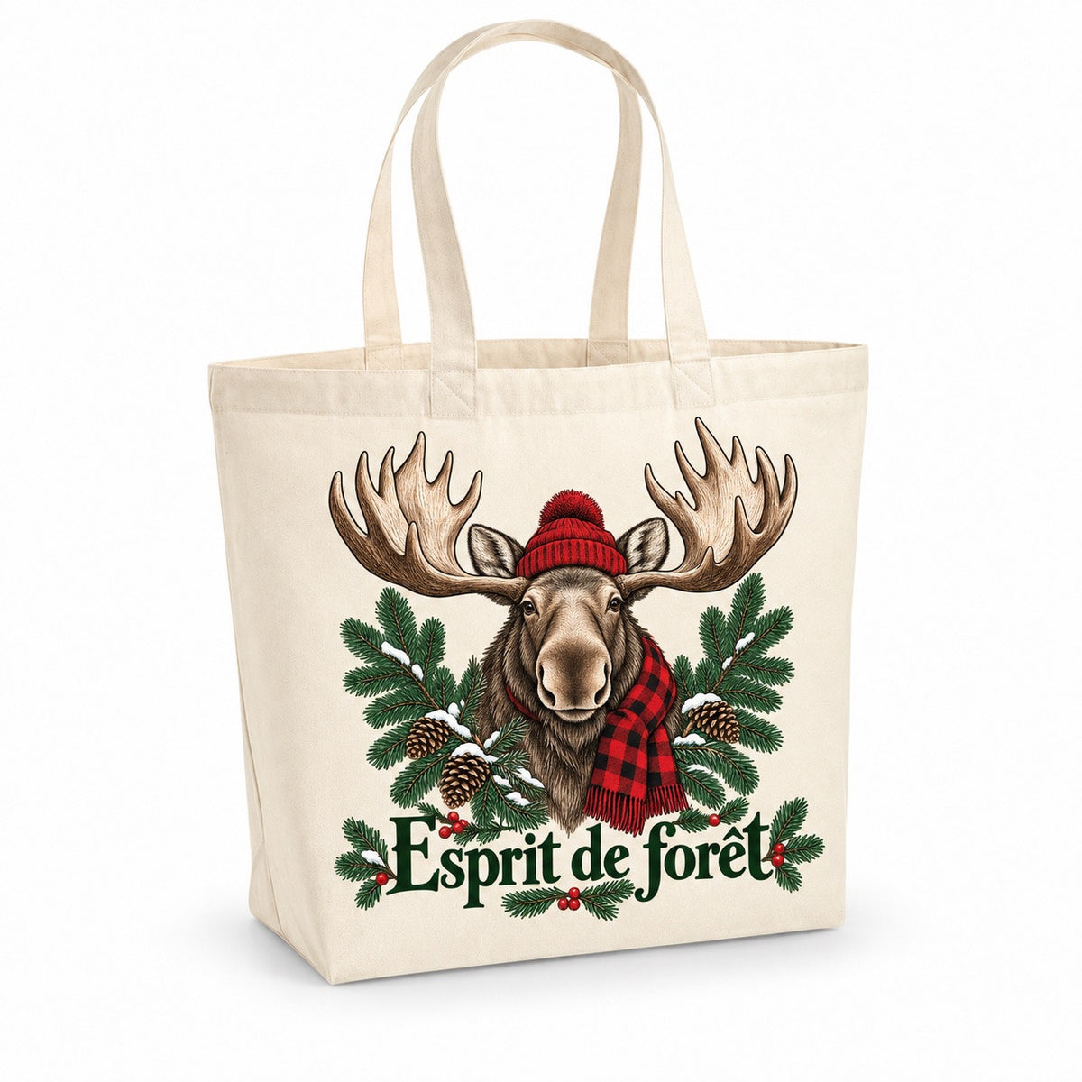 Tote bag « Esprit de forêt » Premium, cabas à soufflet en coton naturel 200 g/m² de 18 litres, illustration à l'encre : un orignal majestueux et doux, vu de face, grandes ramures, tuque rouge entre les bois et petite écharpe à carreaux rouge et noir