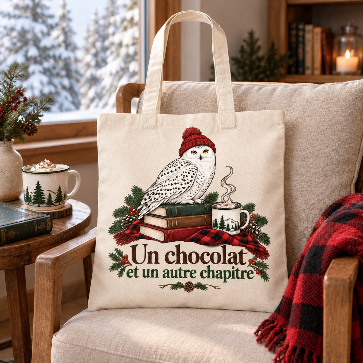 Tote bag « Un chocolat et un autre chapitre » Essentiel sur un fauteuil avec plaid et livre