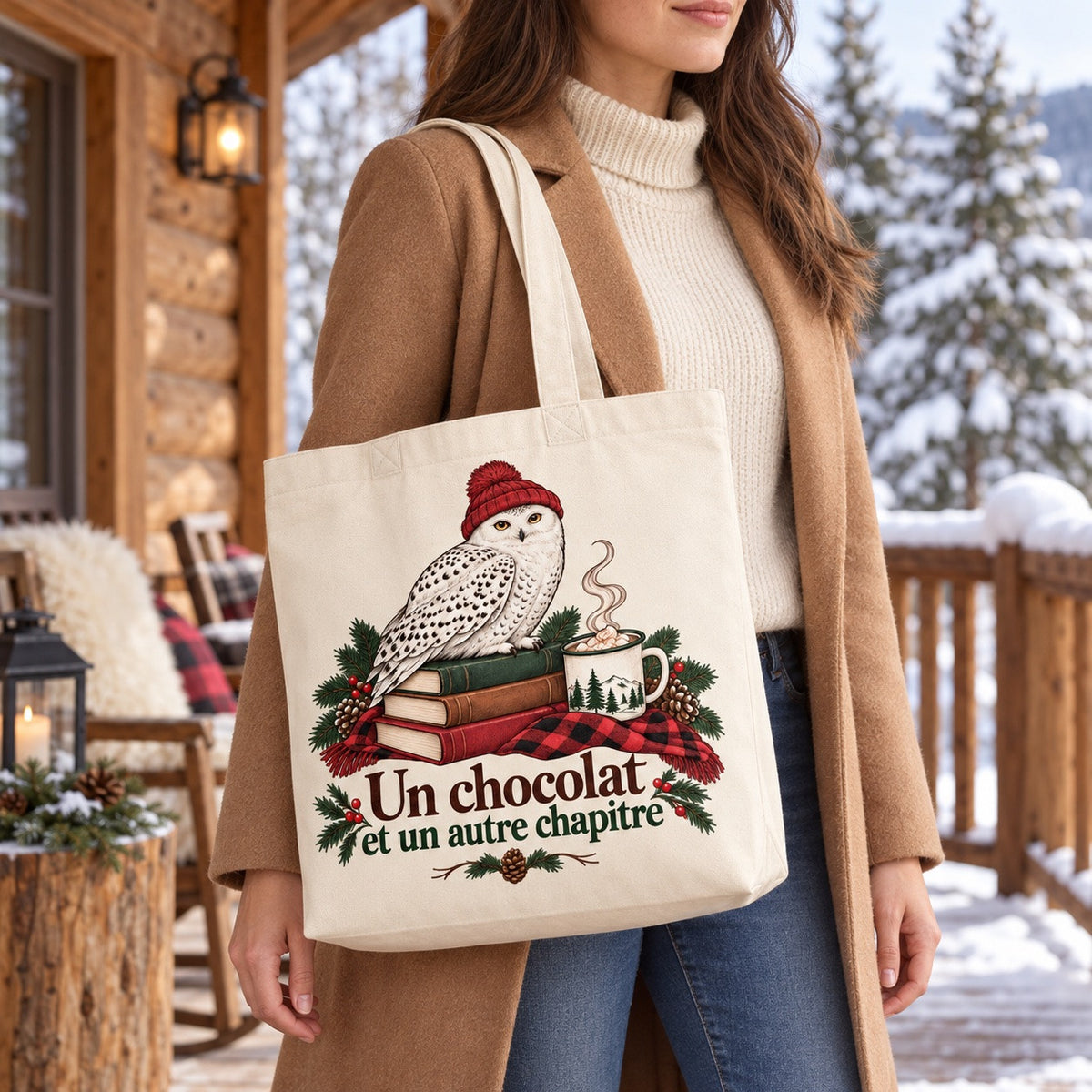 Tote bag « Un chocolat et un autre chapitre » Premium porté devant un chalet enneigé