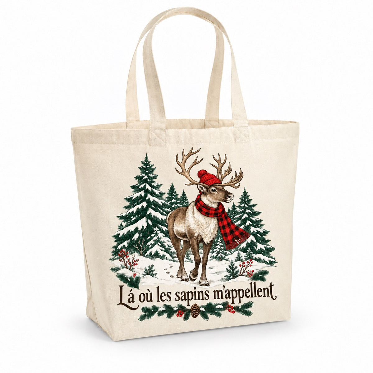 Tote bag « Là où les sapins m'appellent » Premium, cabas à soufflet en coton naturel 200 g/m² de 18 litres, illustration à l'encre : un caribou gracieux aux fins bois ramifiés, tuque rouge et écharpe à carreaux rouge et noir, devant une forêt de sapins enneigés