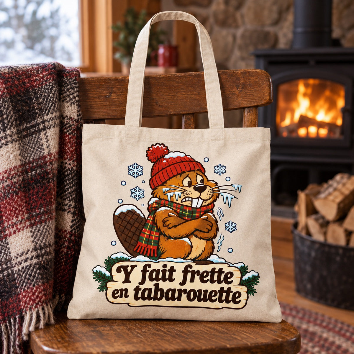 Tote bag « Y fait frette en tabarouette » Essentiel posé sur une chaise, décor d'hiver
