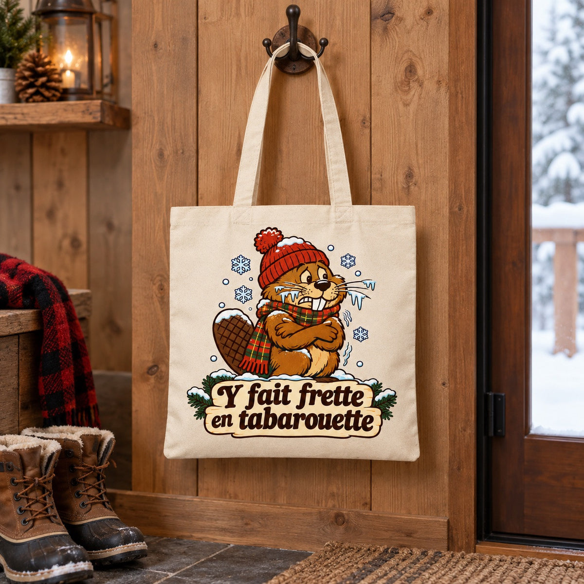 Tote bag « Y fait frette en tabarouette » Essentiel suspendu à une patère dans une entrée