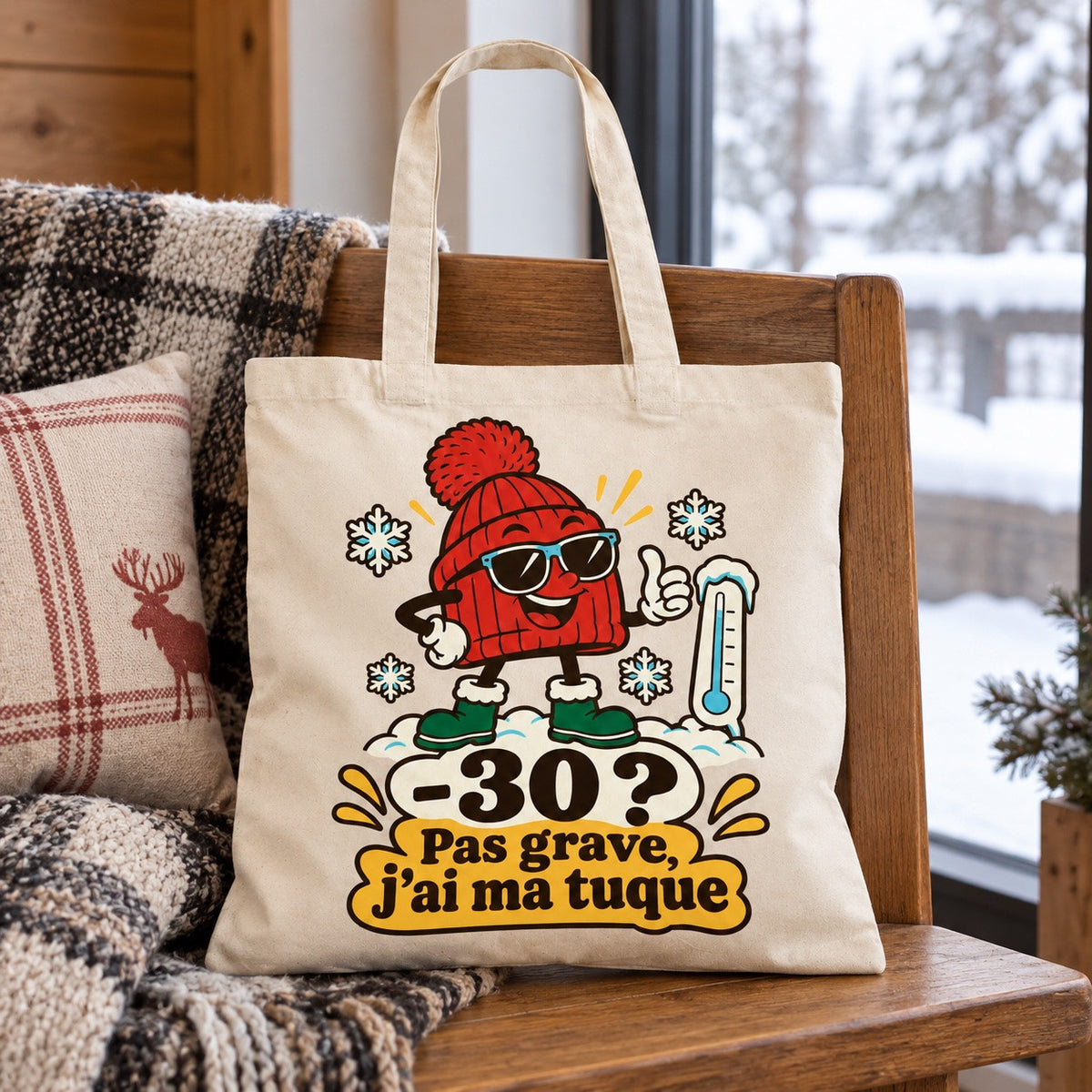 Tote bag « -30 ? Pas grave, j'ai ma tuque » Essentiel posé sur une chaise, décor d'hiver