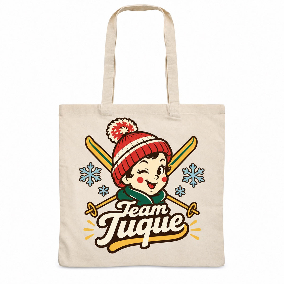 Tote bag « Team Tuque » Essentiel, sac plat en coton naturel 140 g/m² de 38 × 42 cm, illustration rétro : une grosse tuque rouge et crème à pompon au visage espiègle, entourée de flocons bleu poudré