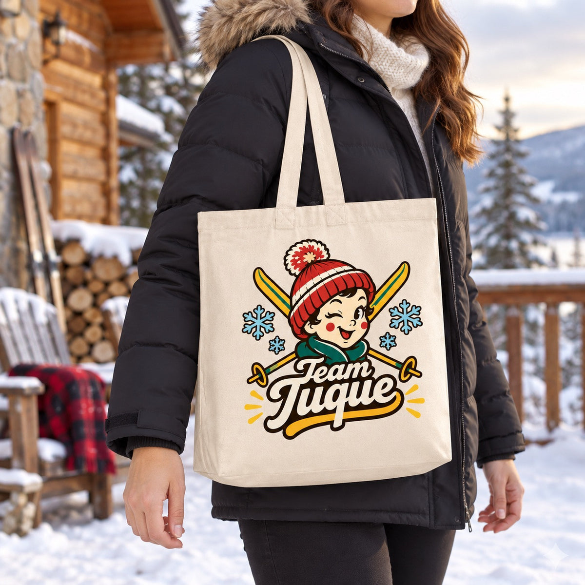 Tote bag « Team Tuque » Premium porté à l'épaule dans une rue québécoise en hiver