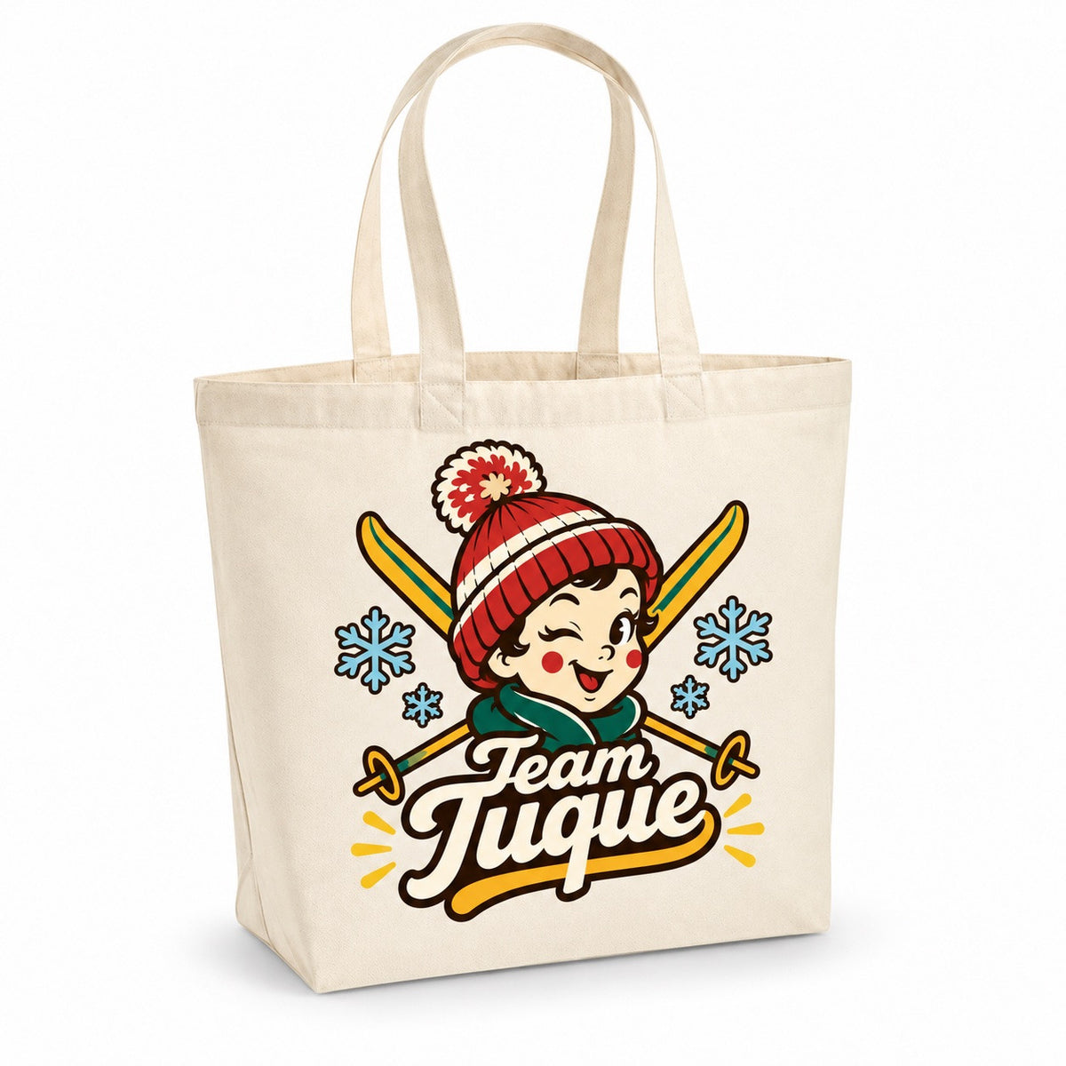 Tote bag « Team Tuque » Premium, cabas à soufflet en coton naturel 200 g/m² de 18 litres, illustration rétro : une grosse tuque rouge et crème à pompon au visage espiègle, entourée de flocons bleu poudré