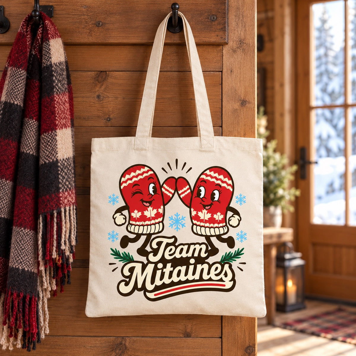 Tote bag « Team Mitaines » Essentiel suspendu à une patère dans une entrée