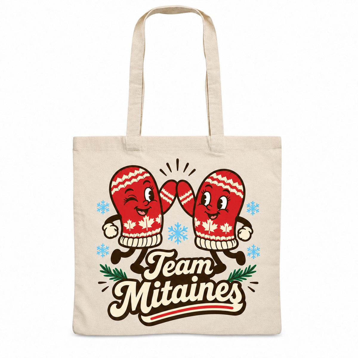 Tote bag « Team Mitaines » Essentiel, sac plat en coton naturel 140 g/m² de 38 × 42 cm, illustration rétro : une paire de grosses mitaines rouge et crème aux visages espiègles, parmi les flocons bleu poudré
