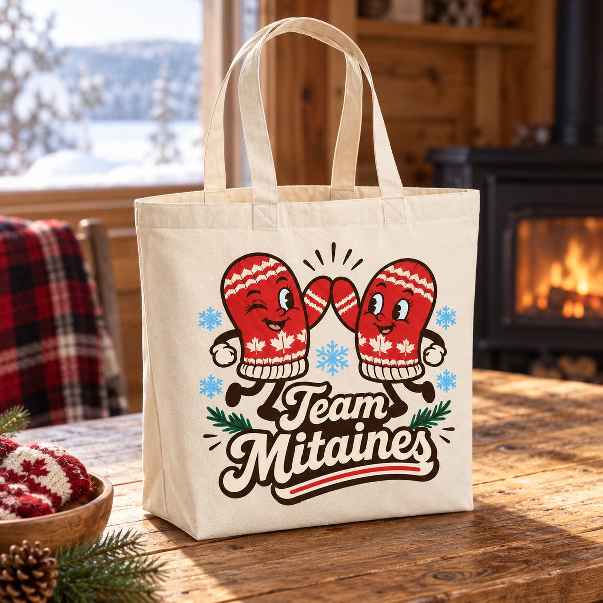 Tote bag « Team Mitaines » Premium posé de trois quarts sur une table