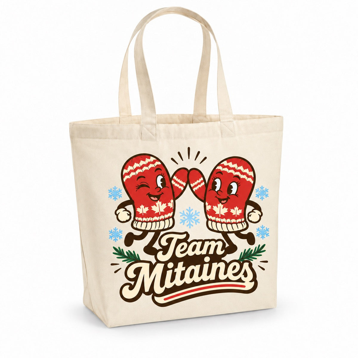 Tote bag « Team Mitaines » Premium, cabas à soufflet en coton naturel 200 g/m² de 18 litres, illustration rétro : une paire de grosses mitaines rouge et crème aux visages espiègles, parmi les flocons bleu poudré