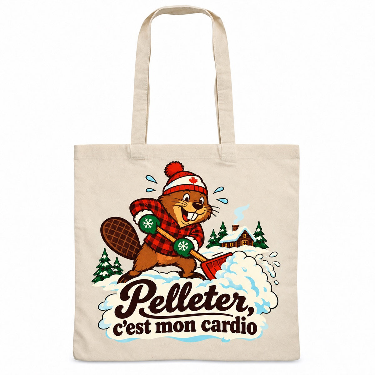 Tote bag « Pelleter, c'est mon cardio » Essentiel, sac plat en coton naturel 140 g/m² de 38 × 42 cm, illustration rétro : un castor en tuque et mitaines qui pellette une énorme congère avec une vigueur comique