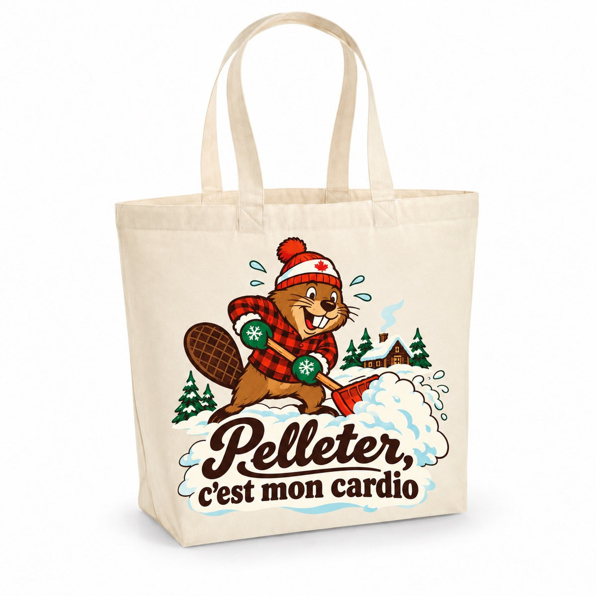 Tote bag « Pelleter, c'est mon cardio » Premium, cabas à soufflet en coton naturel 200 g/m² de 18 litres, illustration rétro : un castor en tuque et mitaines qui pellette une énorme congère avec une vigueur comique