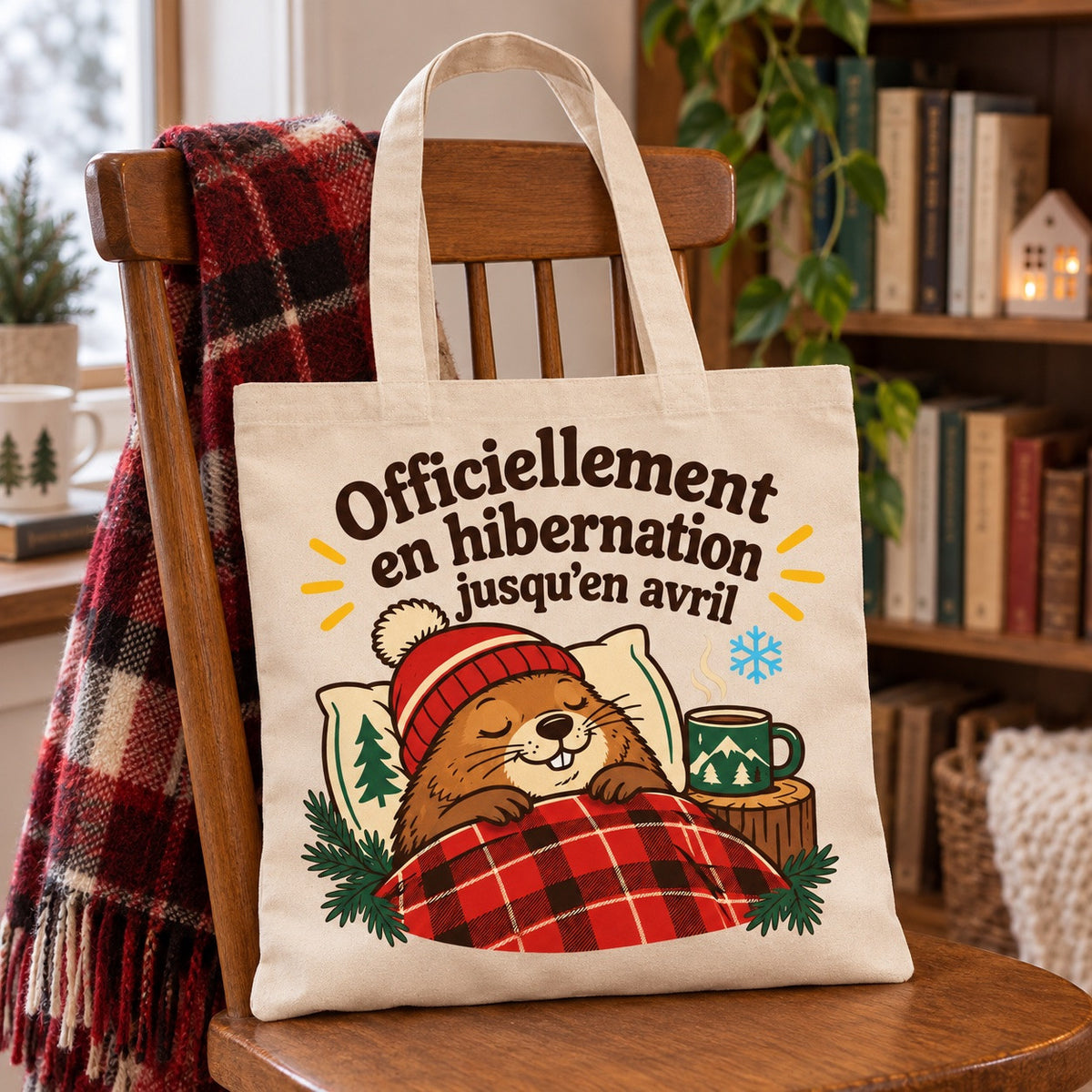 Tote bag « Officiellement en hibernation jusqu'en avril » Essentiel posé sur une chaise, décor d'hiver