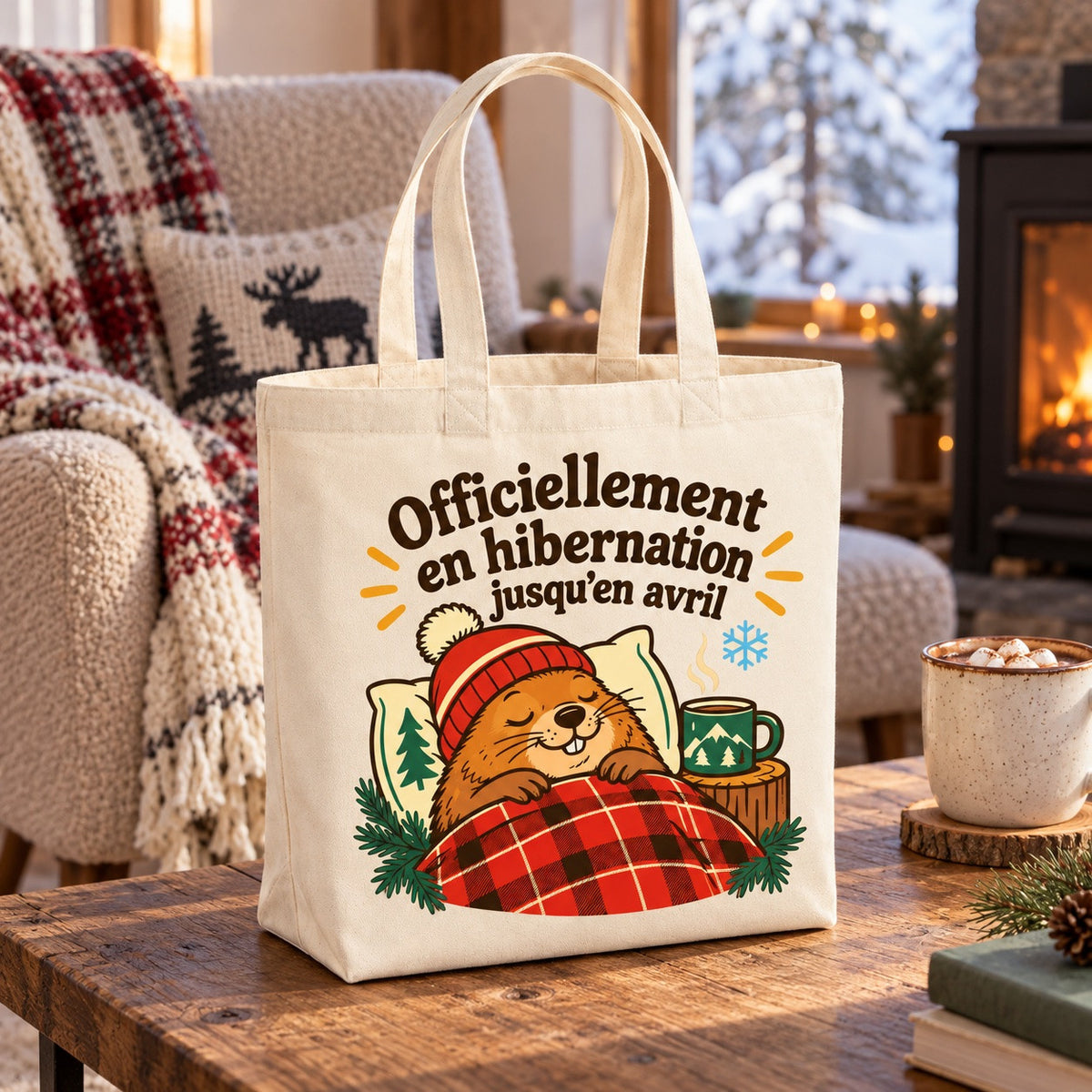 Tote bag « Officiellement en hibernation jusqu'en avril » Premium posé de trois quarts sur une table
